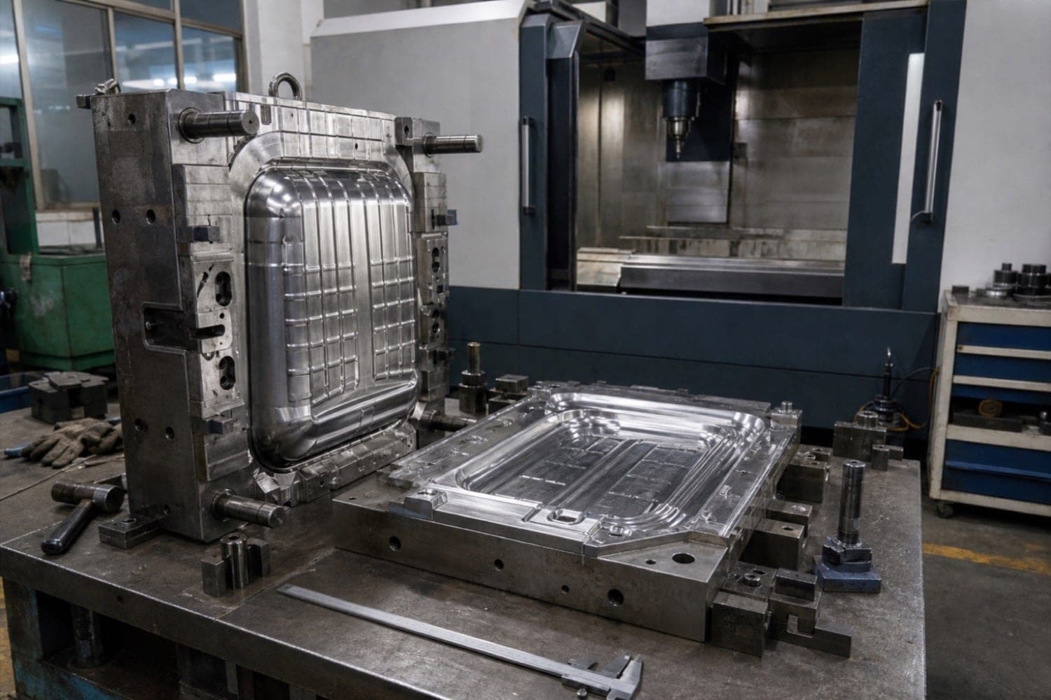 An open steel injection mould for a hard-shell suitcase panel in the tooling workshop