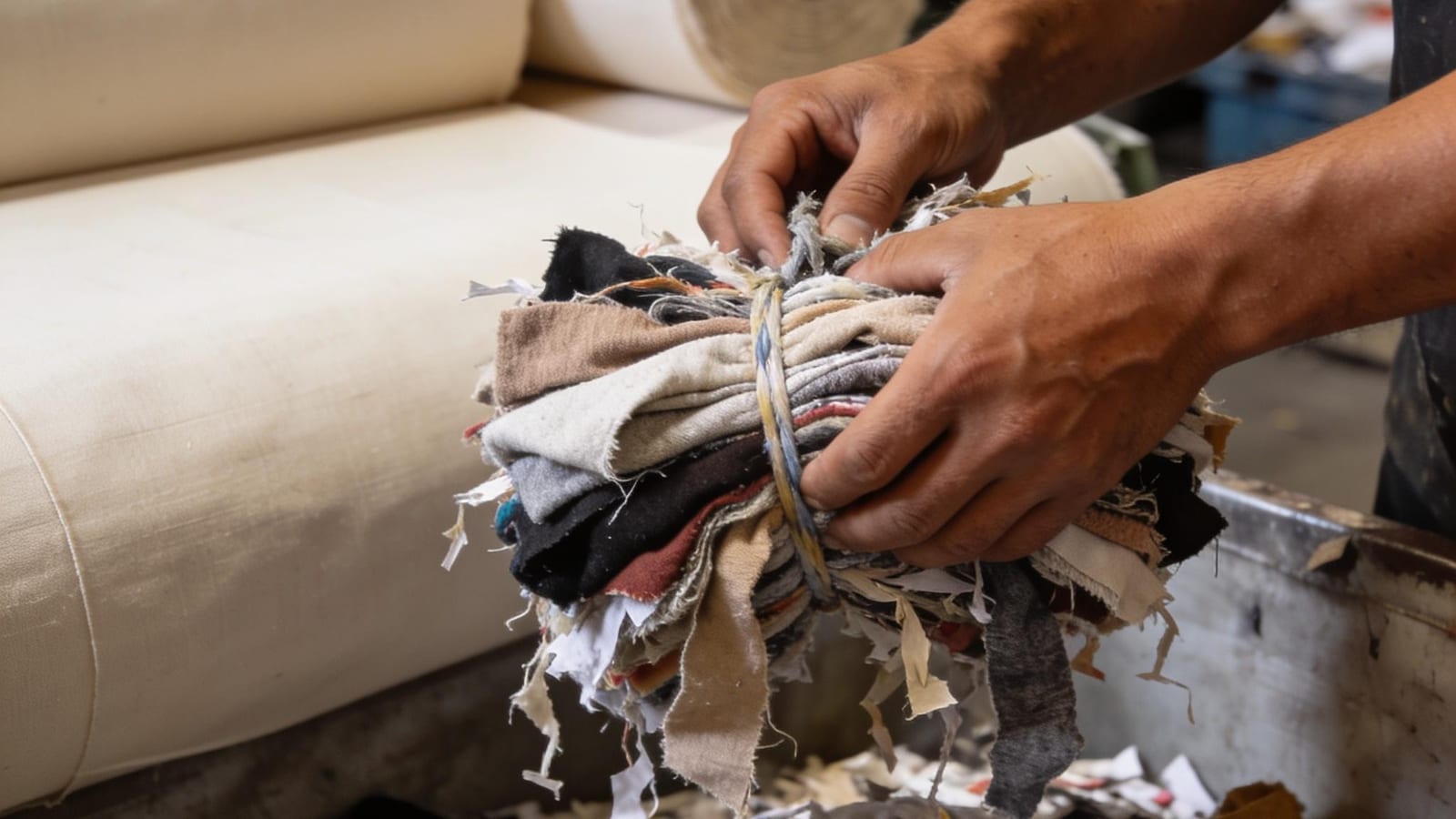Hands sorting bundled fabric scraps at a textile recycling sorting area