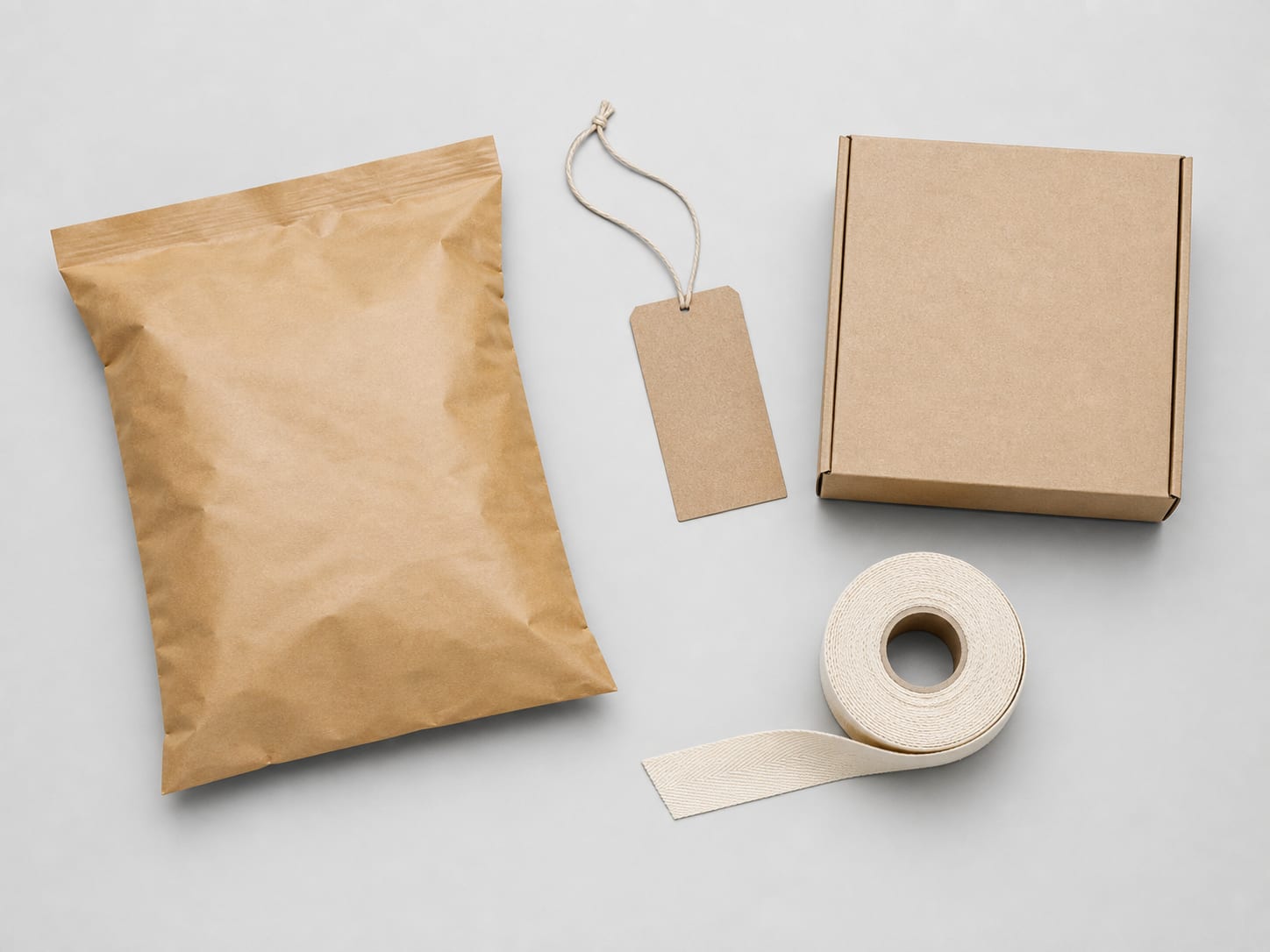 Blank private-label packaging options including kraft poly mailer, blank hangtag, gift box and twill ribbon