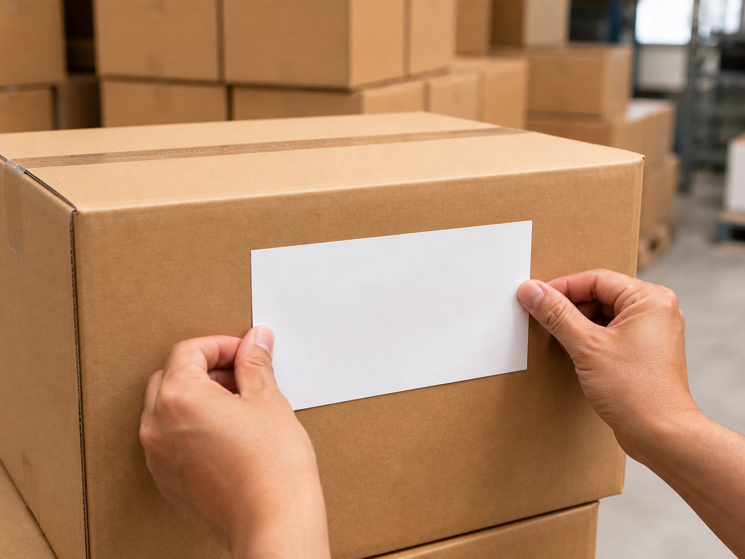 Worker's hands applying a blank shipping label to a master carton stacked with other cartons in a warehouse