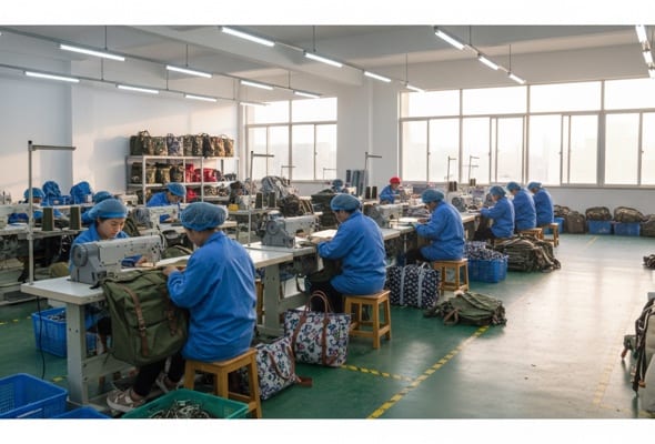 Sewing and finishing line applying branding to bags