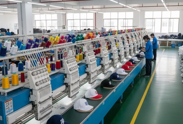 Quality control checking branded bags and hats before shipment