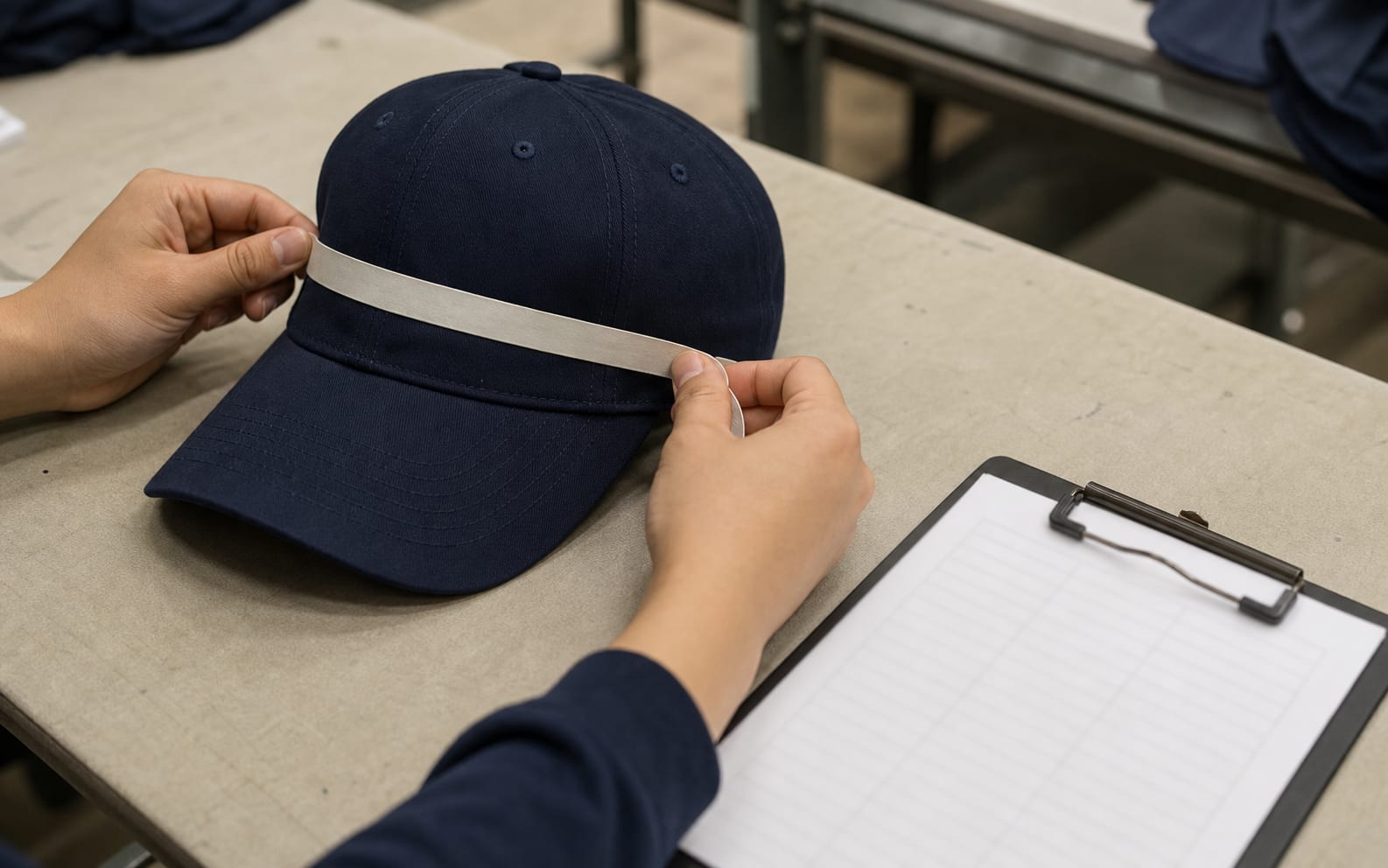 Inspector measuring a finished baseball cap against the approved spec sheet with a checklist