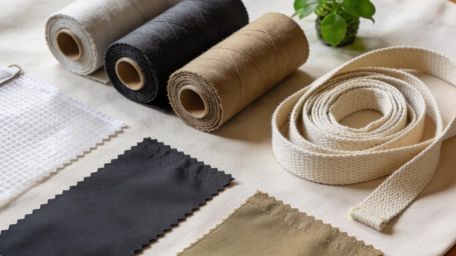 Swatches of recycled fabric, natural cotton webbing and rolled fabric bolts on a neutral surface